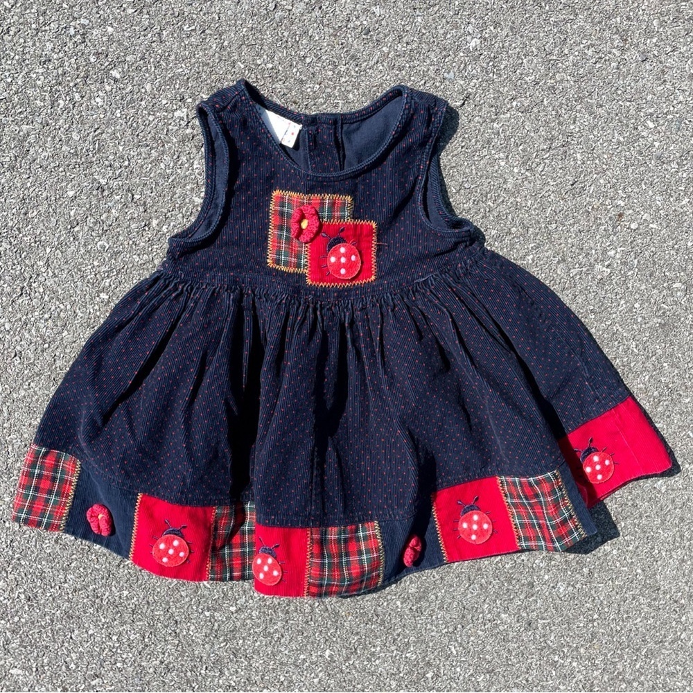 Ladybug Dot Patchwork Appliqué Vtg Samara Corduroy Dress Toddler 11.5x18.25 inch
